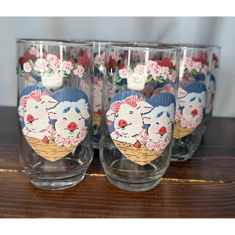 VTG Tienshan Anchor Hocking Pig Pal Glasses Set of 8 Country Tumblers 12oz